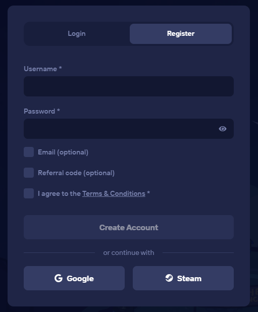 Duel Casino registration screen